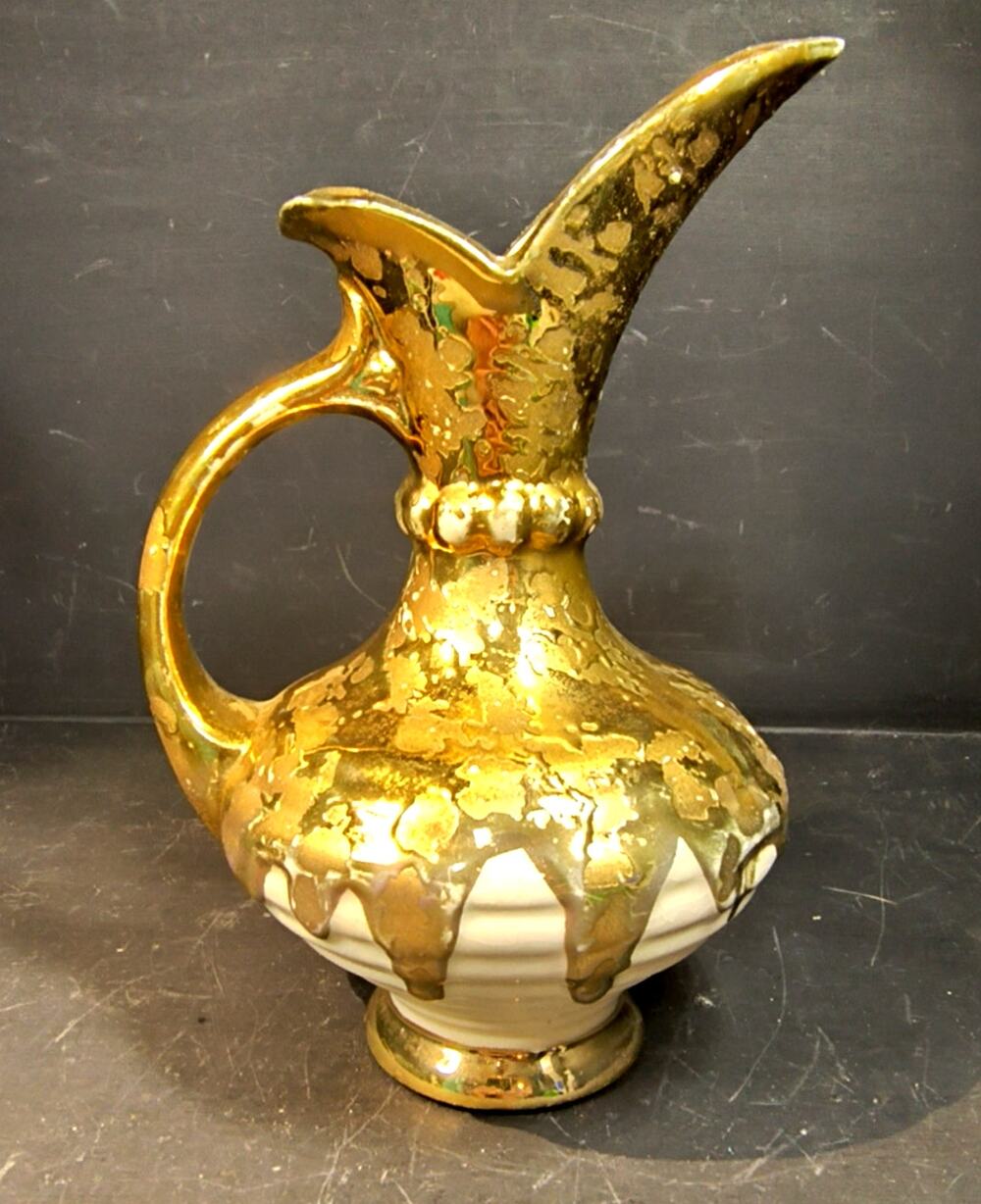 2225.  MCM Weeping Gold Drip Glaze Kingwood Ewer Pitcher Vintage Decor